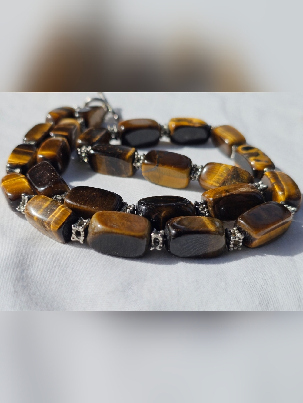 Tiger Eye Gemstone Beaded Necklace Chunky Brown Gold Natural Stone Statement